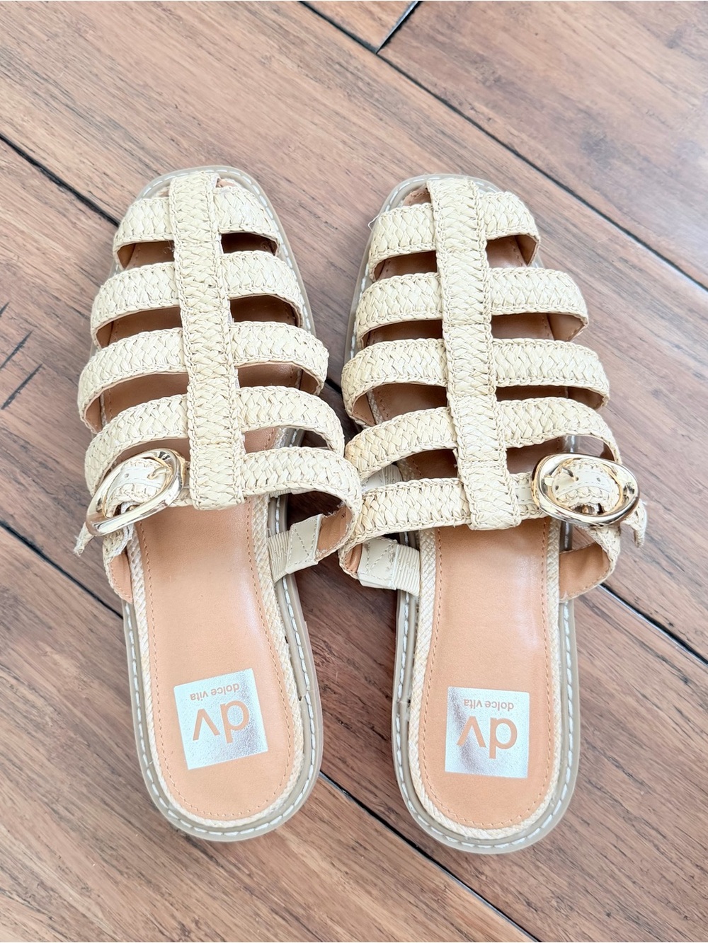 Dolce Vita Cream Woven Slide Sandals with Gold Buckle Accent never worn